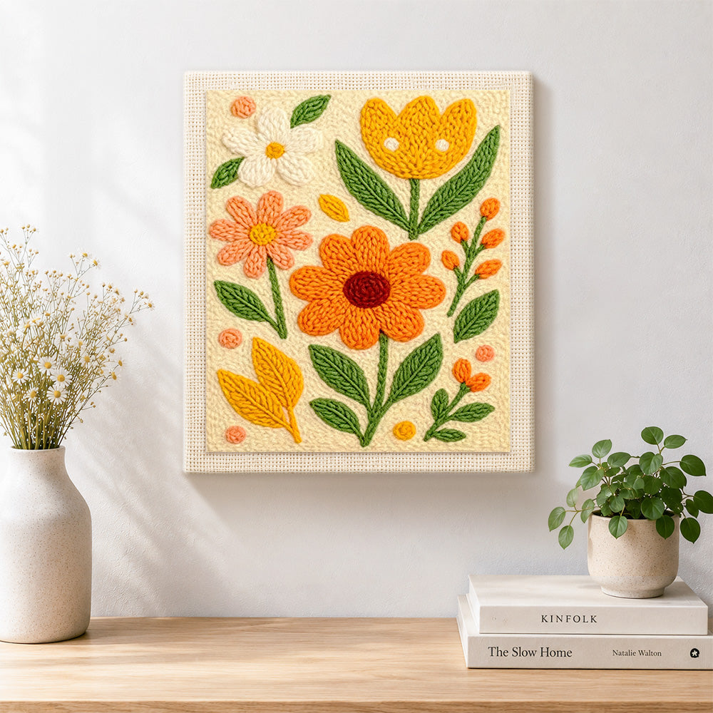 Finished orange, yellow and white blooms with green leaves artwork displayed on a wall
