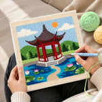Creating handmade oriental garden pavilion punch needle artwork