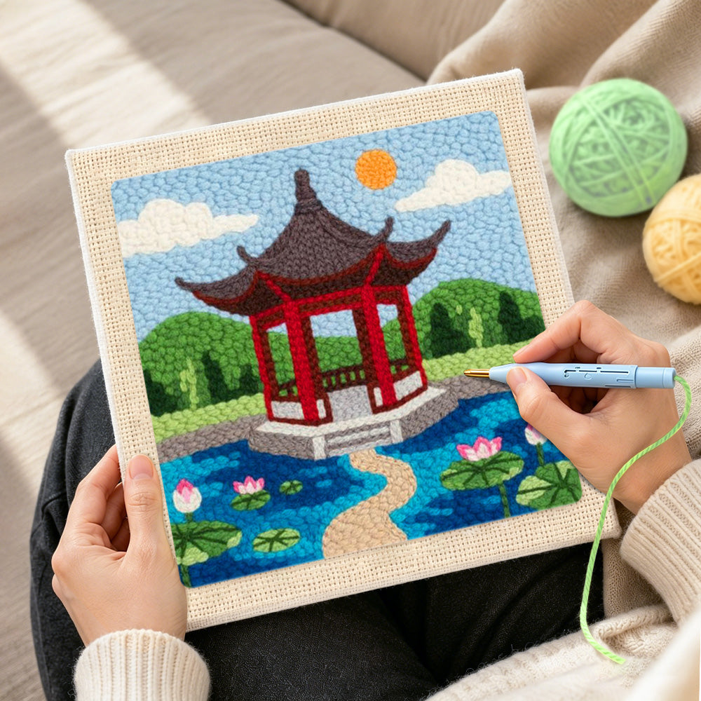 Creating handmade oriental garden pavilion punch needle artwork