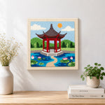 Finished oriental garden pavilion artwork displayed on a wall