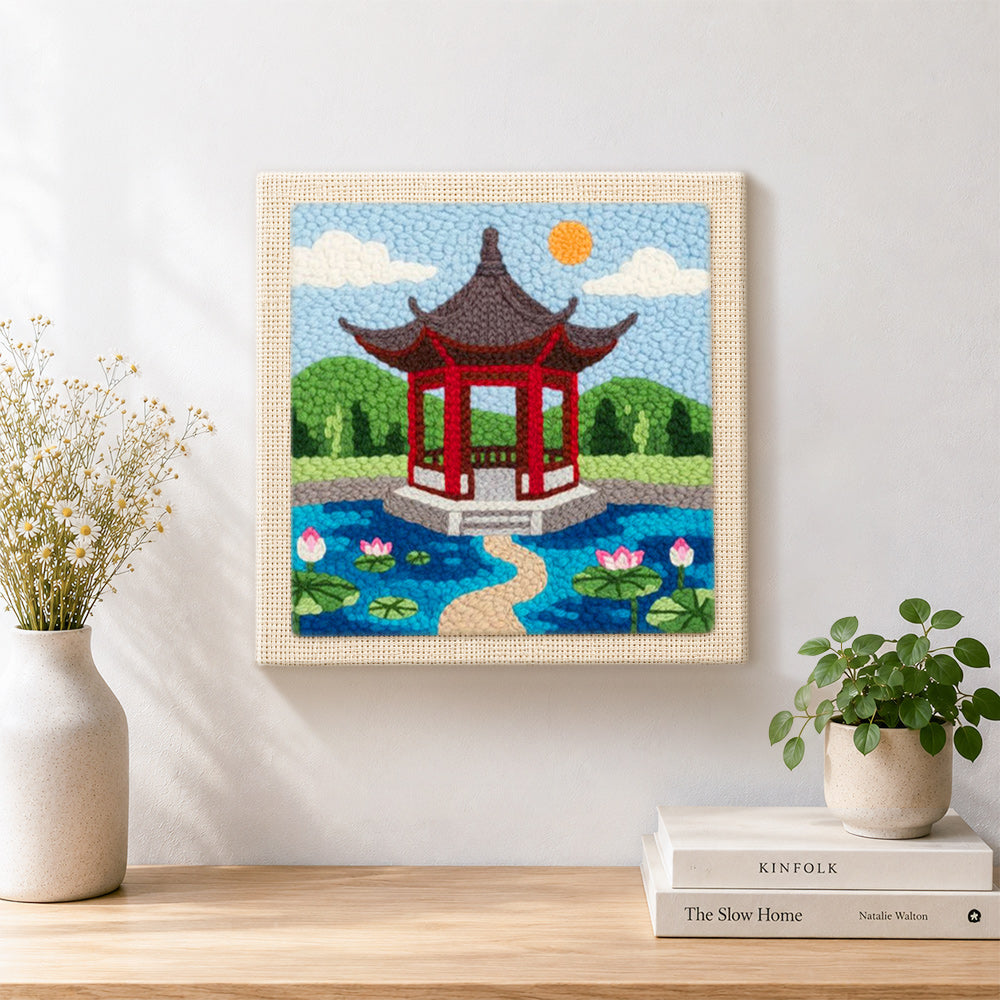 Finished oriental garden pavilion artwork displayed on a wall