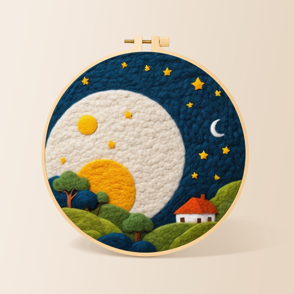 Oversized moon over red-roof cottage needle felting kit for beginners with a round wooden frame