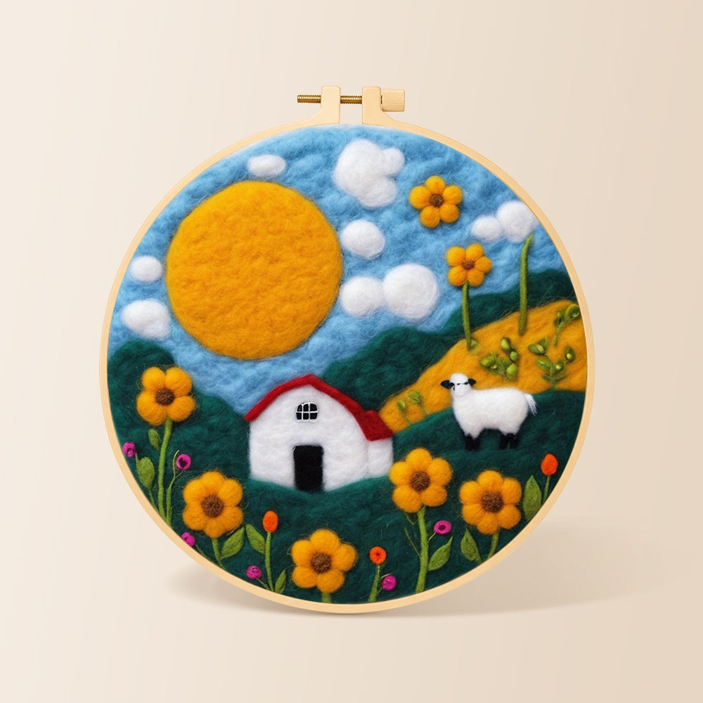 Oversized sun and sheep meadow needle felting kit for beginners with a round wooden frame