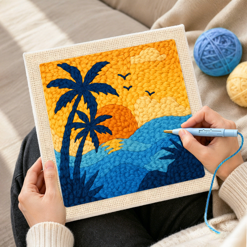 Creating handmade palm tree and ocean punch needle artwork