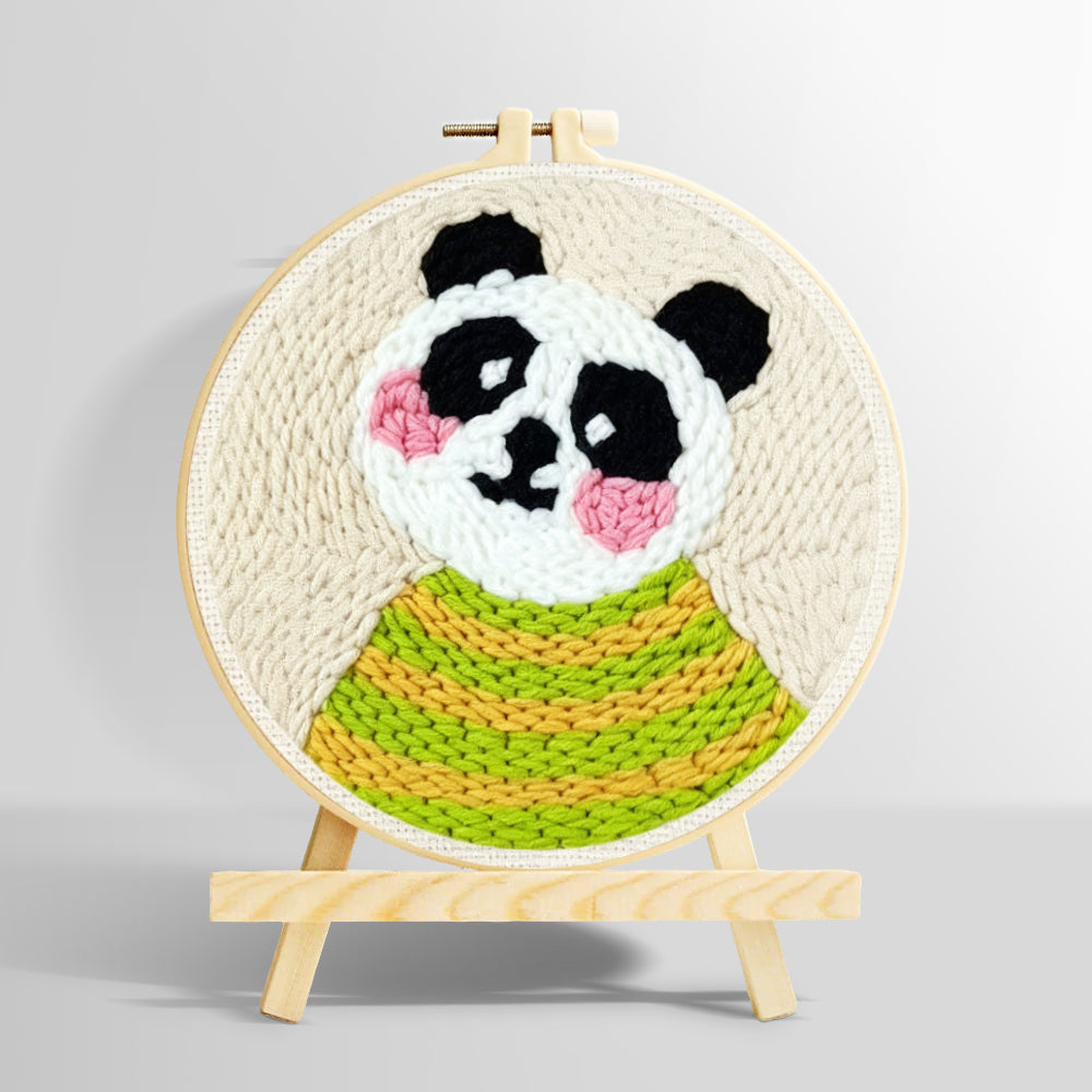 Panda in green striped sweater punch needle kit for beginners