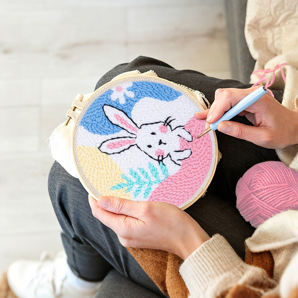 Creating handmade pastel bunny dream punch needle artwork