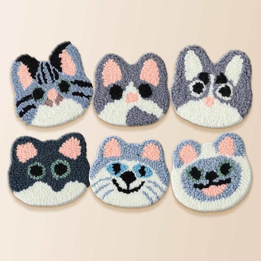 Pastel grey and pink cats punch needle coaster kit finished handmade coasters