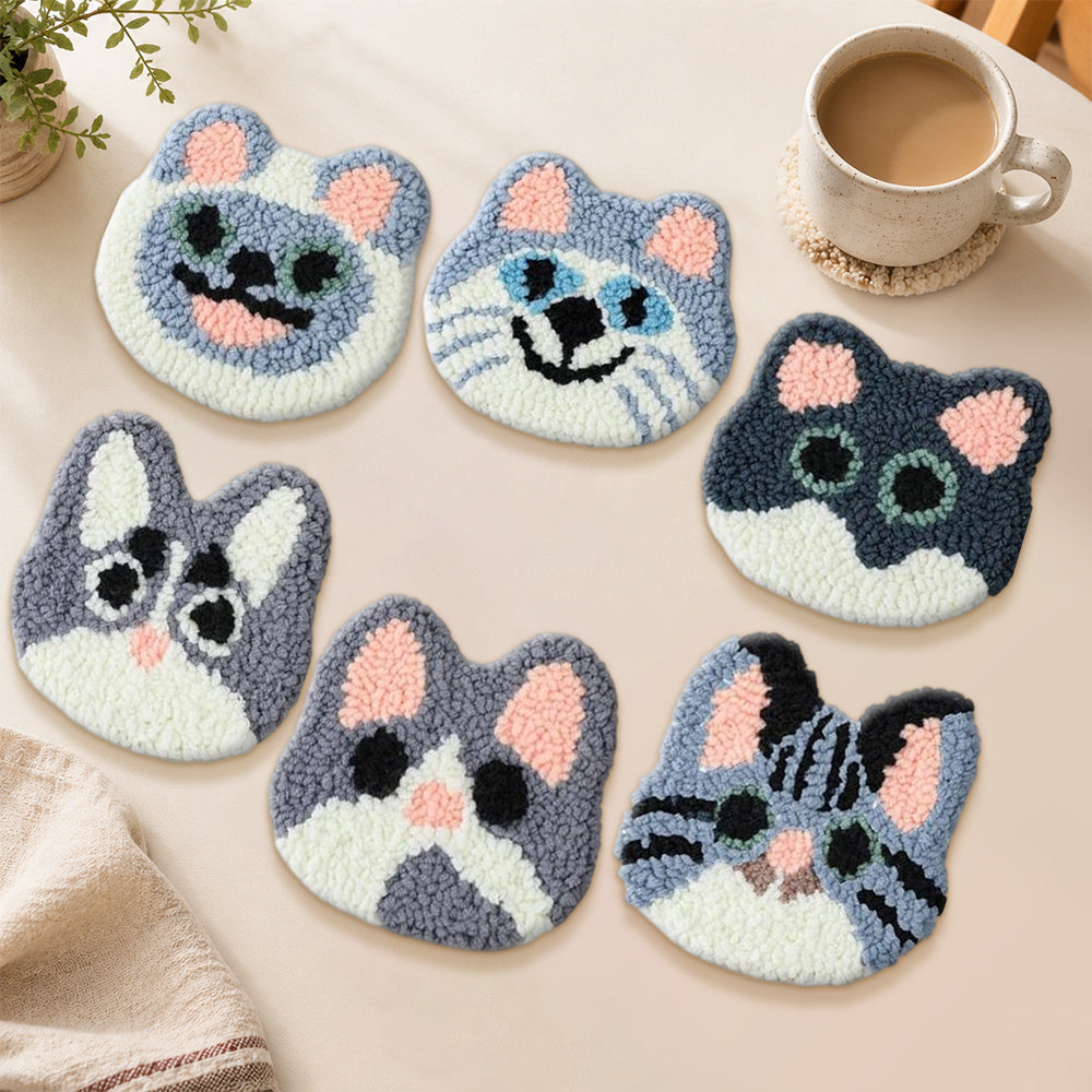 Pastel grey and pink cats punch needle coasters used for home decoration