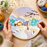 Creating the pastel twilight snowy cabin wool painting by hand with a felting needle