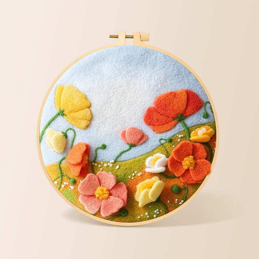 Pastel wildflower meadow needle felting kit for beginners with a round wooden frame