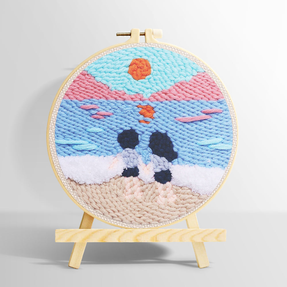 Peaceful beach view with couple punch needle kit for beginners