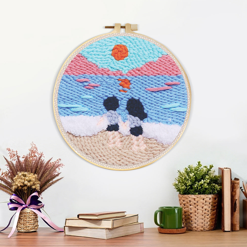 Finished peaceful beach view with couple artwork displayed on a wall
