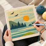Creating handmade peaceful lakeside morning punch needle artwork