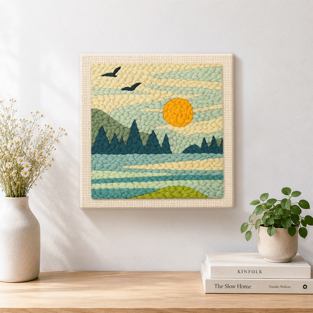 Finished peaceful lakeside morning artwork displayed on a wall