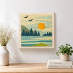 Finished peaceful lakeside morning artwork displayed on a wall
