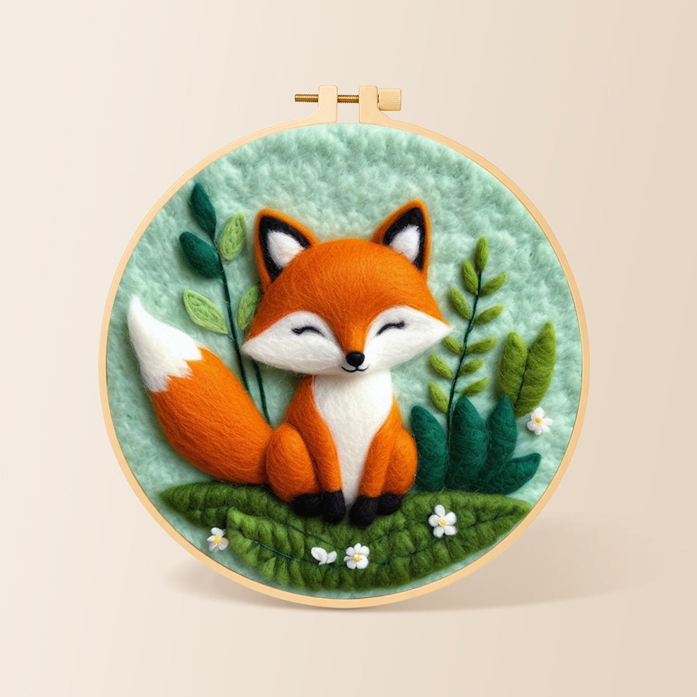 Peaceful sleeping fox needle felting kit for beginners with a round wooden frame