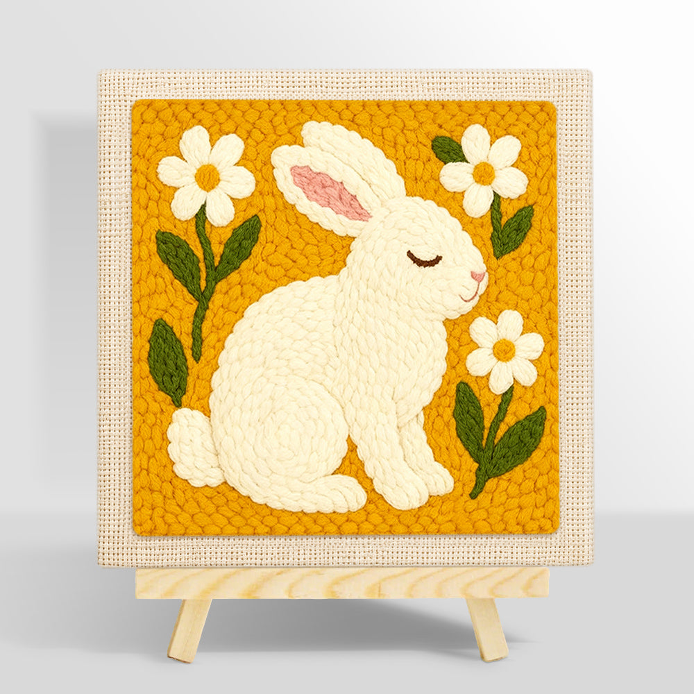 Peaceful white bunny with daisies punch needle kit for beginners
