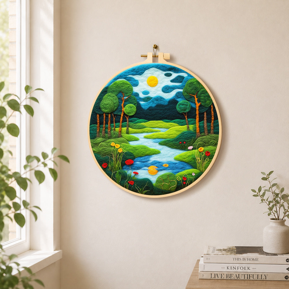 Peaceful woodland river needle felt wall art displayed in a bright home interior