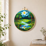Peaceful woodland river needle felt wall art displayed in a bright home interior