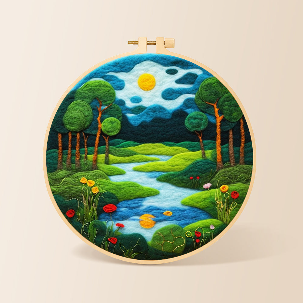 Peaceful woodland river needle felting kit for beginners with a round wooden frame