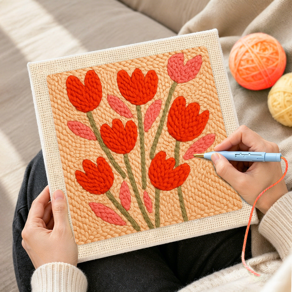 Creating handmade peach tulips punch needle artwork