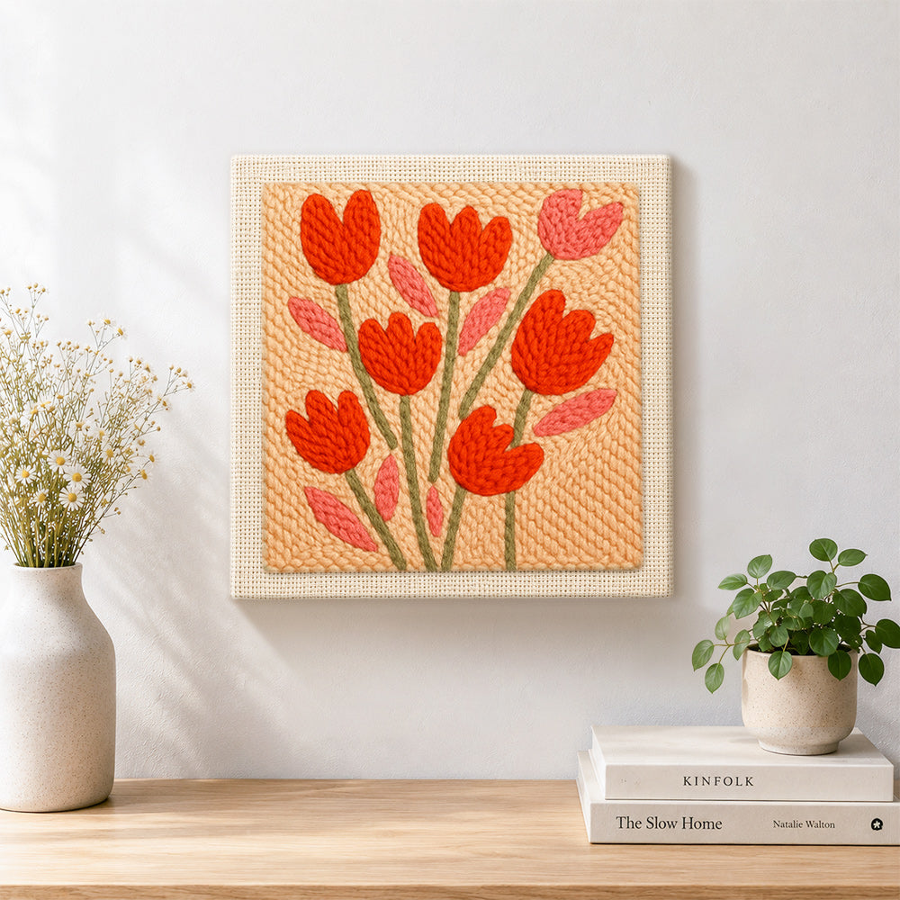 Finished peach tulips artwork displayed on a wall