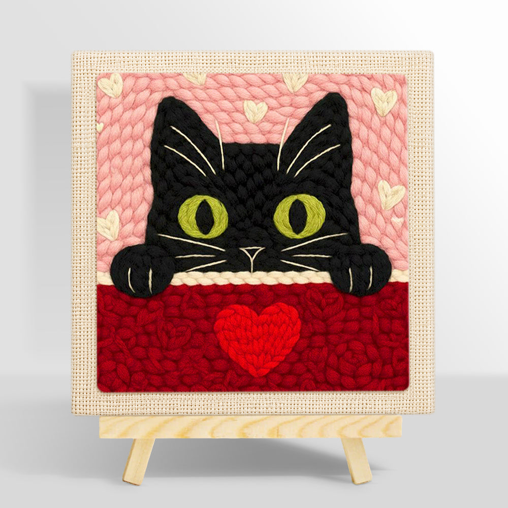 Peeking black cat with green eyes punch needle kit for beginners