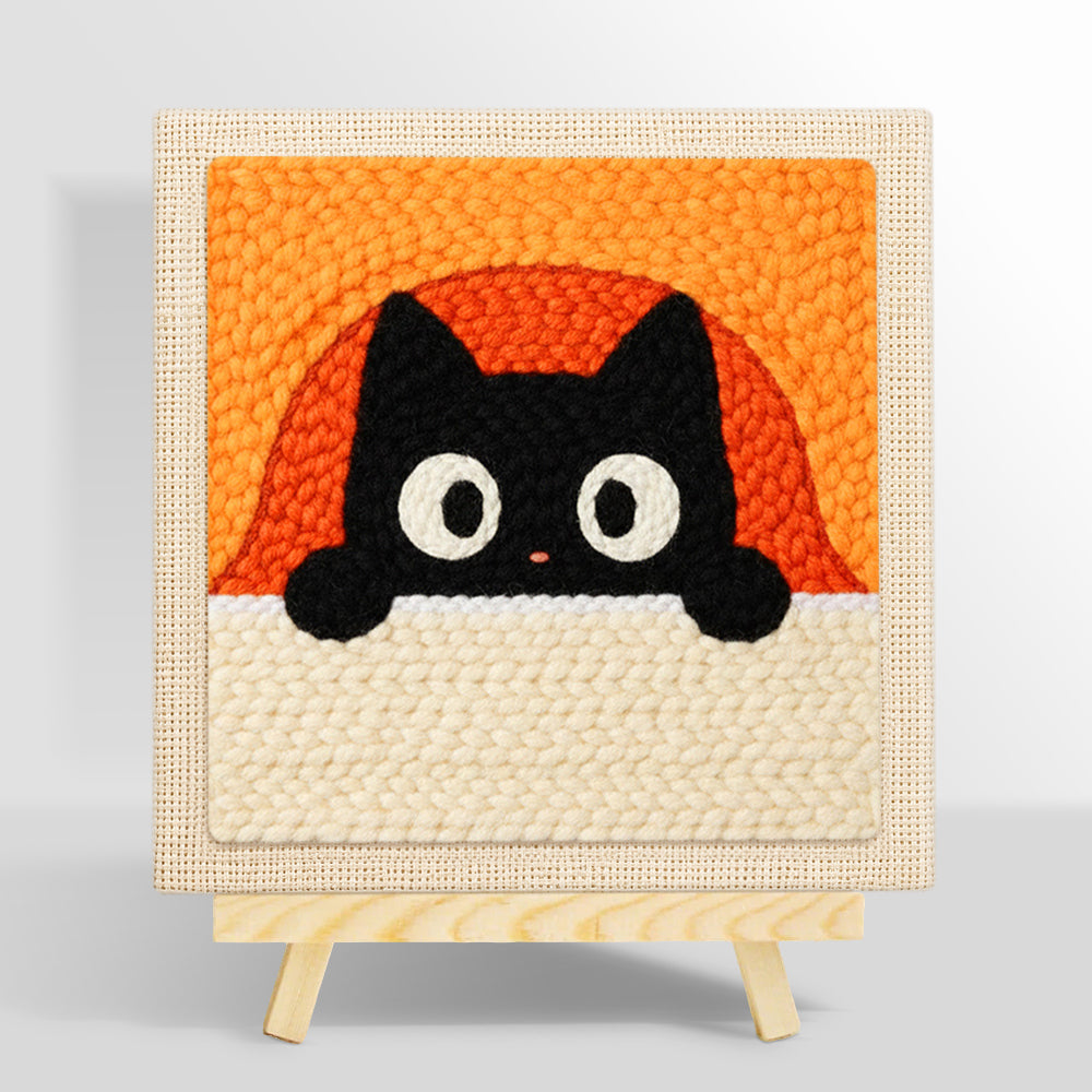 Peeking black cat with orange arch background punch needle kit for beginners