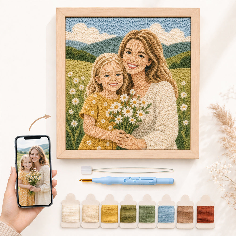 Personalised family photo punch needle kit turned into a handmade portrait craft project