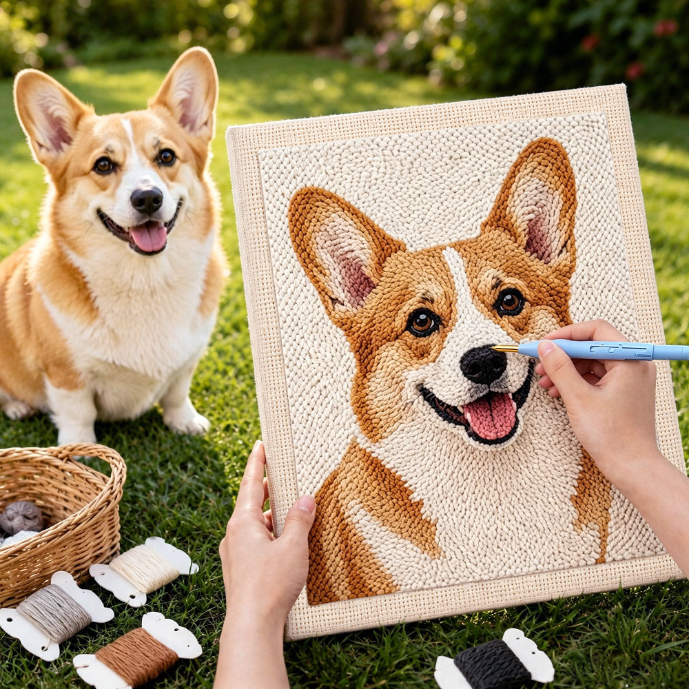 Personalised pet photo punch needle kit in progress with a matching dog and handmade canvas artwork outdoors