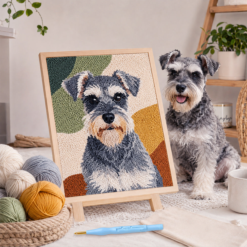 Personalised pet punch needle artwork displayed at home with the dog that inspired the custom design