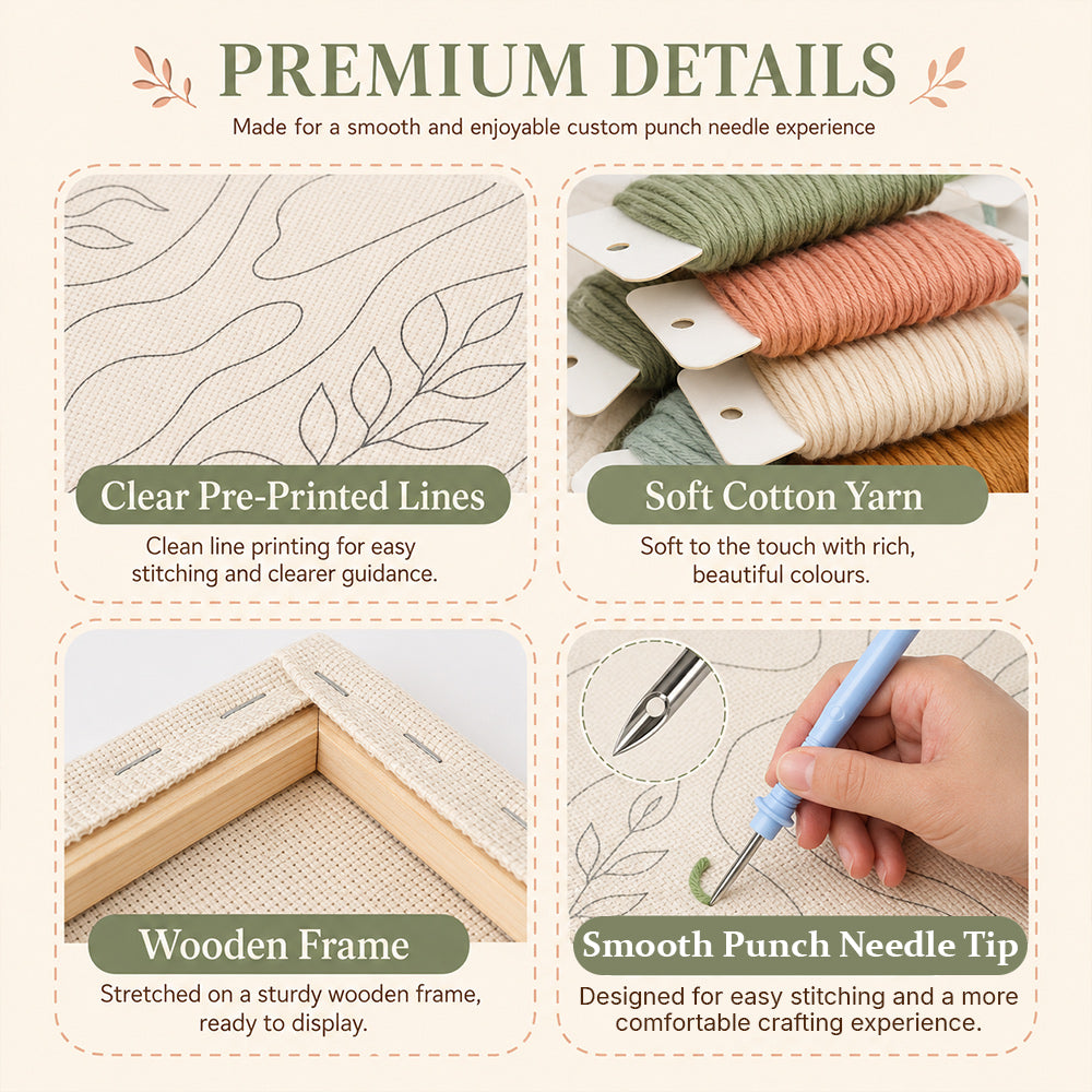 Premium details of a personalised punch needle kit with clear line canvas, soft cotton yarn and wooden frame