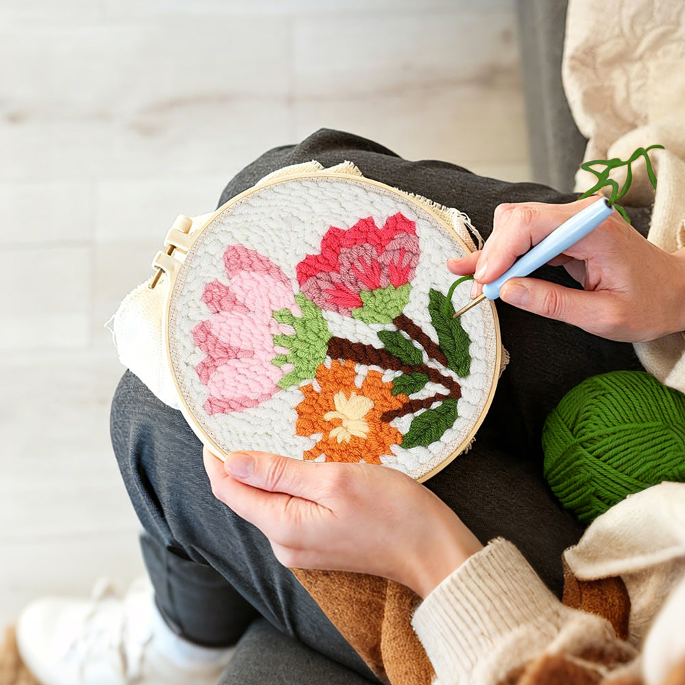 Creating handmade pink and orange blooms bouquet punch needle artwork