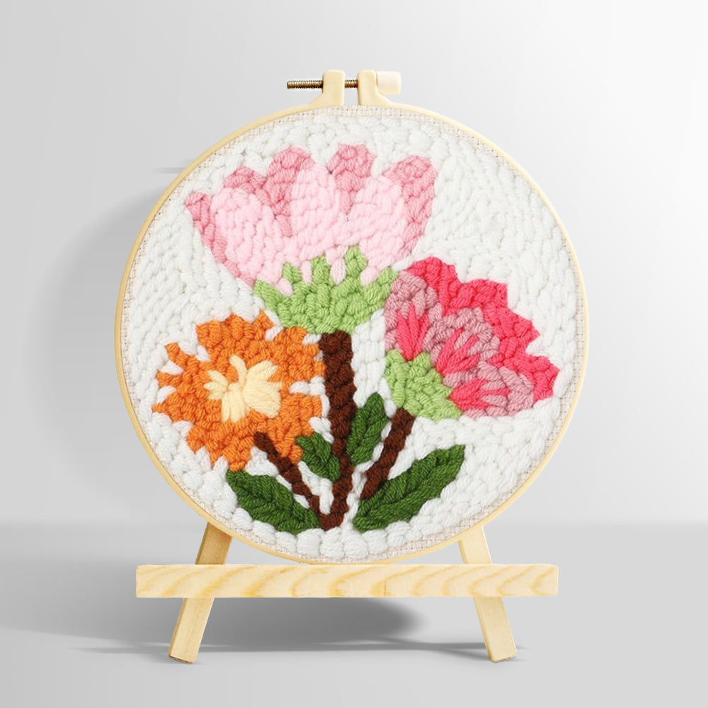 Pink and orange blooms bouquet punch needle kit for beginners