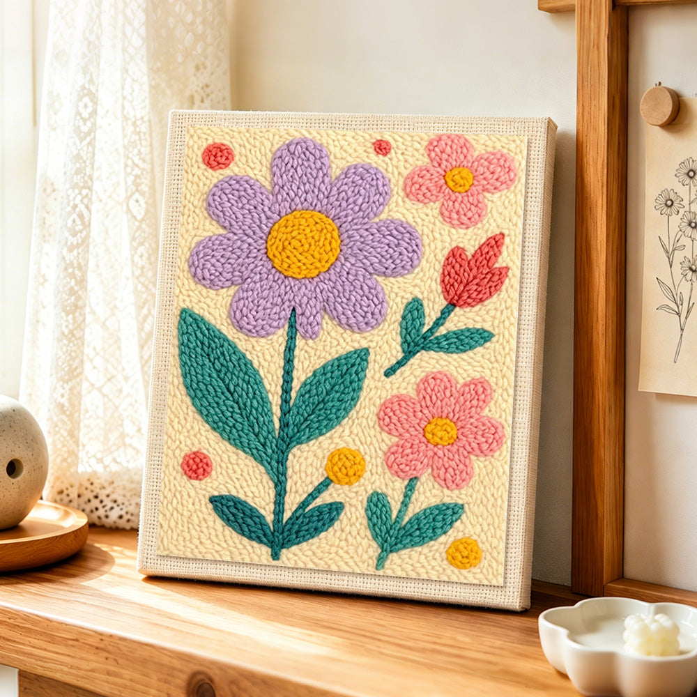 Pink and purple flowers punch needle artwork displayed on a table