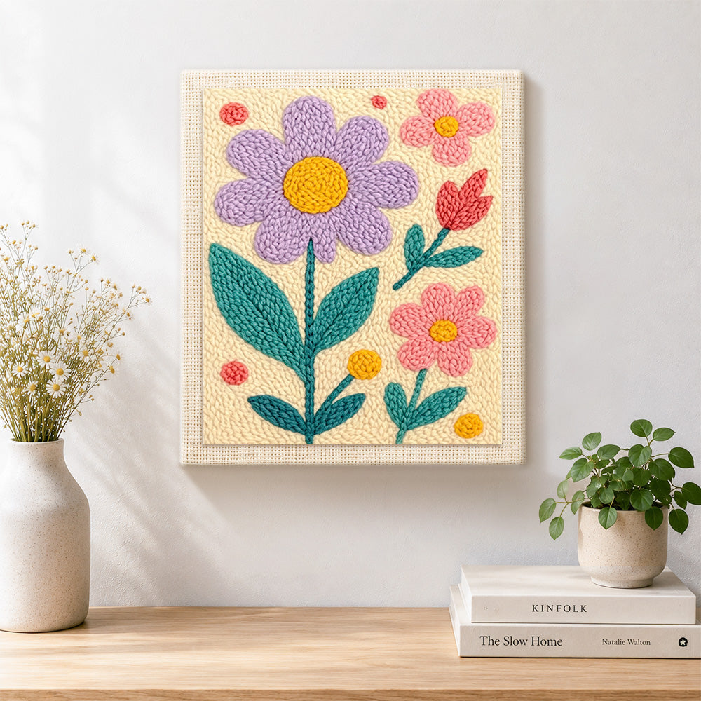 Finished pink and purple flowers artwork displayed on a wall