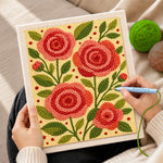 Creating handmade pink and red rose flowers punch needle artwork