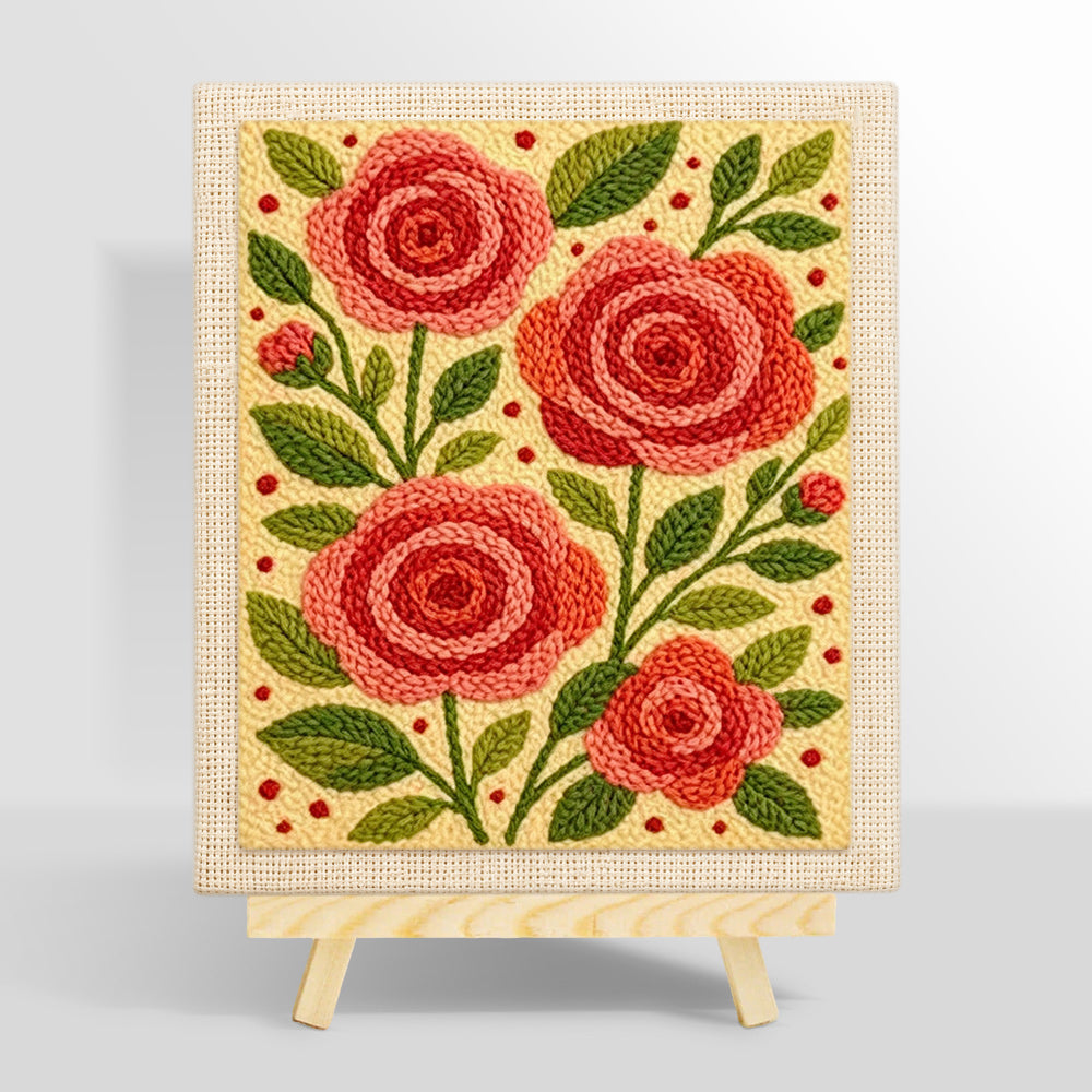 Pink and red rose flowers punch needle kit for beginners
