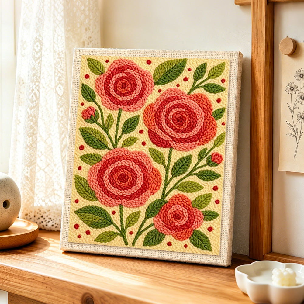 Pink and red rose flowers punch needle artwork displayed on a table