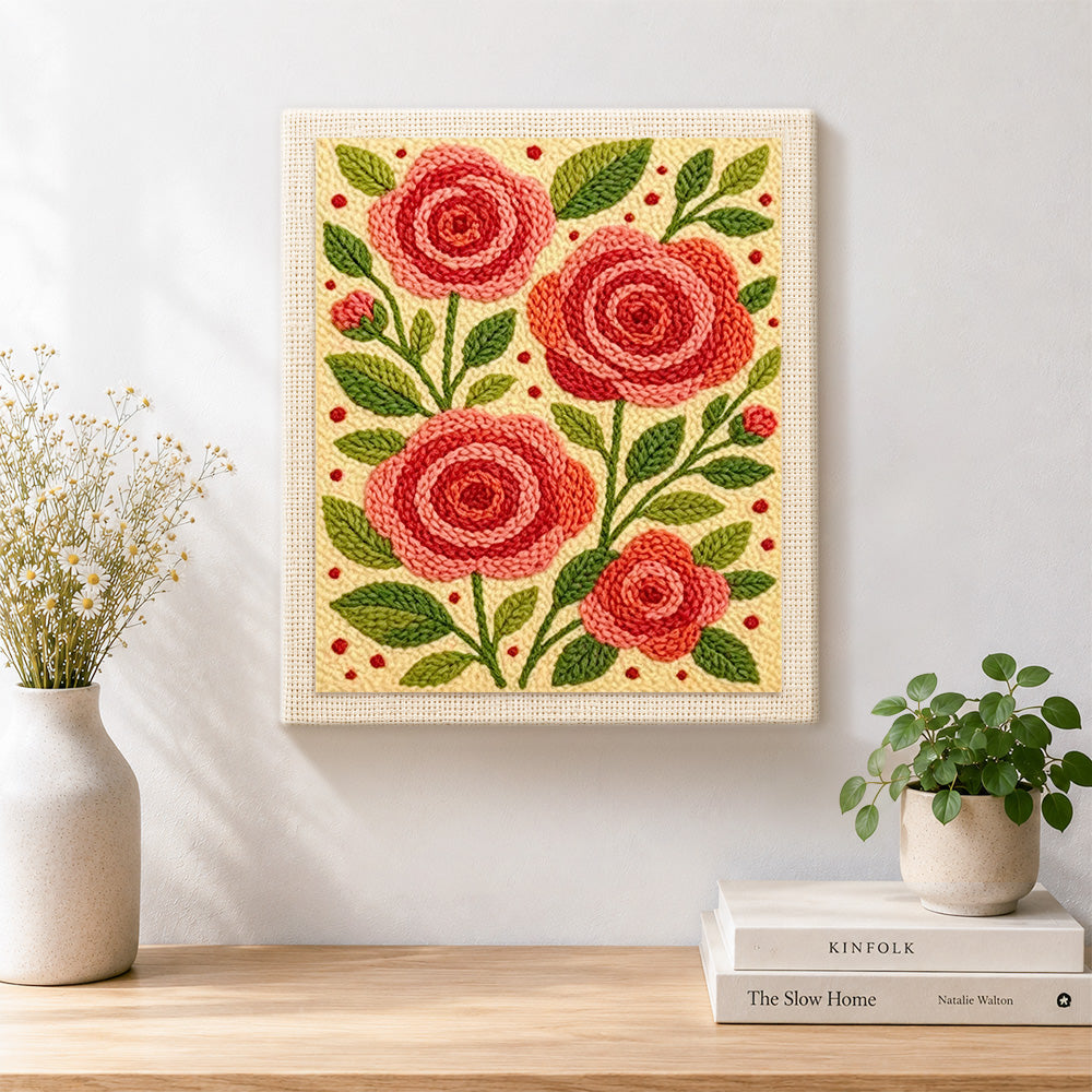 Finished pink and red rose flowers artwork displayed on a wall