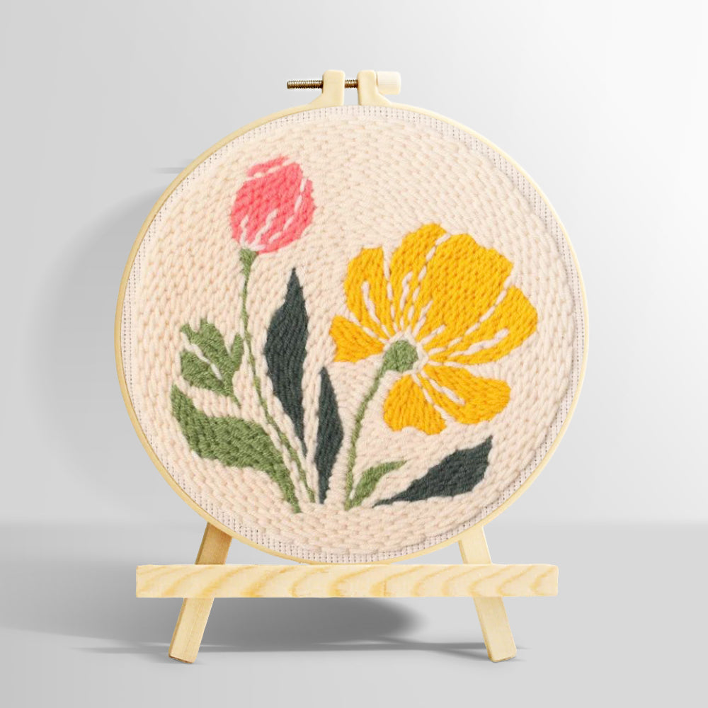 Pink and yellow wildflowers punch needle kit for beginners
