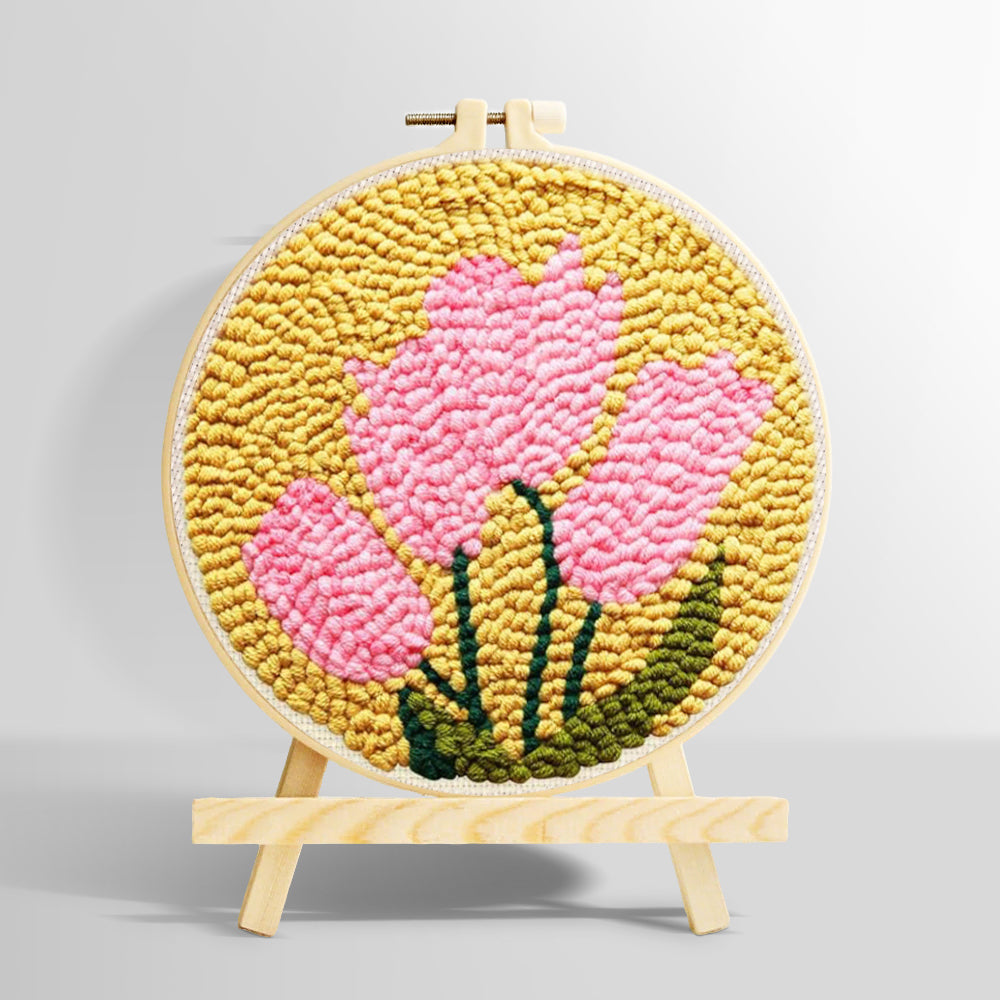 Pink blooms on mustard yellow background punch needle kit for beginners