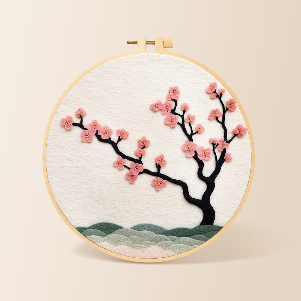 Pink blossom on black branch needle felting kit for beginners with a round wooden frame