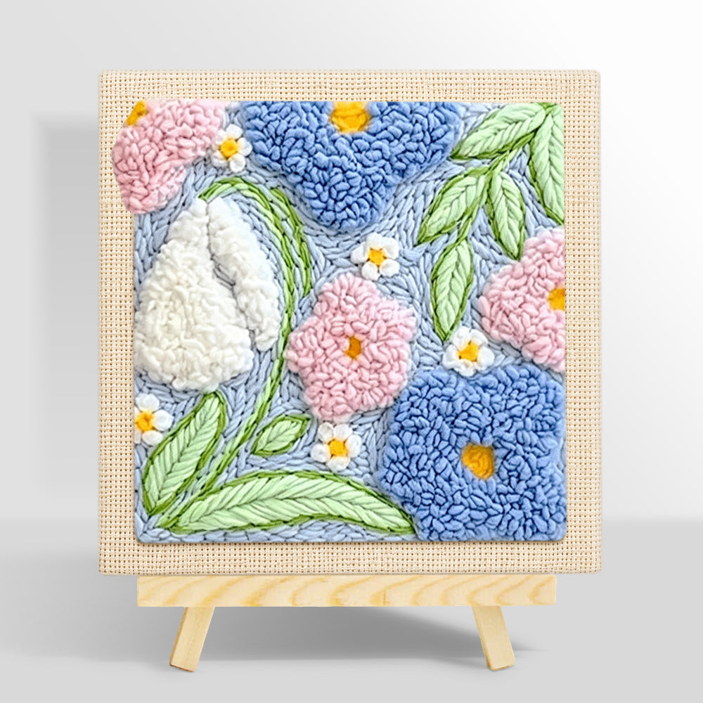Pink, blue and white blossoms punch needle kit for beginners