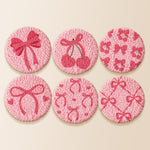 Pink bow and cherry punch needle coaster kit finished handmade coasters