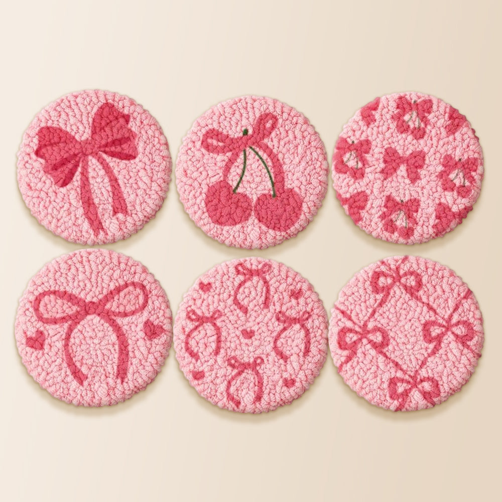 Pink bow and cherry punch needle coaster kit finished handmade coasters