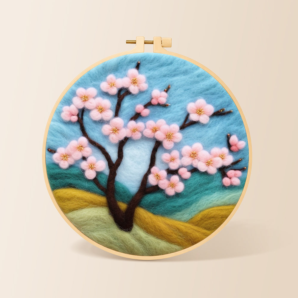 Pink cherry tree on hills needle felting kit for beginners with a round wooden frame