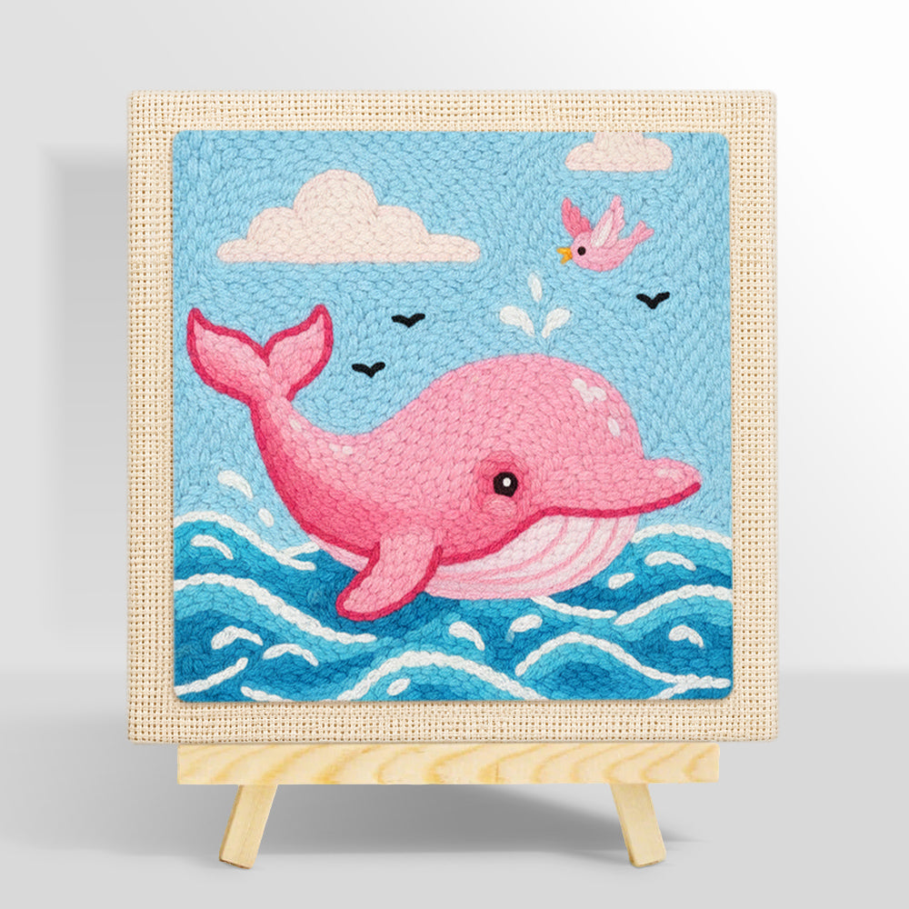 Pink dolphin jumping from waves punch needle kit for beginners