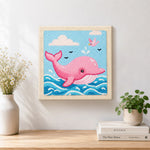 Finished pink dolphin jumping from waves artwork displayed on a wall