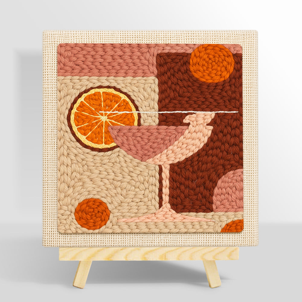 Pink drink with large orange slice punch needle kit for beginners